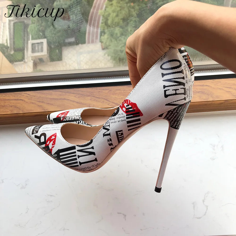 Graphic print white women pointy toe stiletto slip on designer pumps big size 43 44 45 – Pollyanna Events