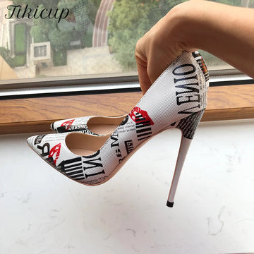 Tikicup Impresión gráfica Mujeres blancas Toe puntiagudas de tacón alto zapatos Sexy Ladies Slip On Designer Stiletto Pombs Big Size 43 44 45
