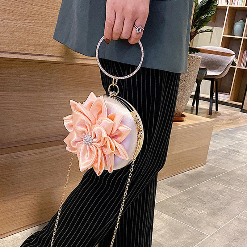 Flower Clutch Purse Women's Round Evening Bag Crystal Diamond Luxury Handbag Wedding Party Purse Chain Shoulder Bags ZD2050