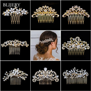 Fashion Gold Color Pearls Crystal Floral Hair Combs For Women Brides Headpiece Bridal Wedding Hair Accessoires Gifts