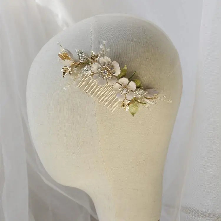 Bridal Hair Jewelry Flower Leaf Comb Fashion Zirconia Crystal Hairpins Gold Color Headpieces Headdress Women Wedding Accessories
