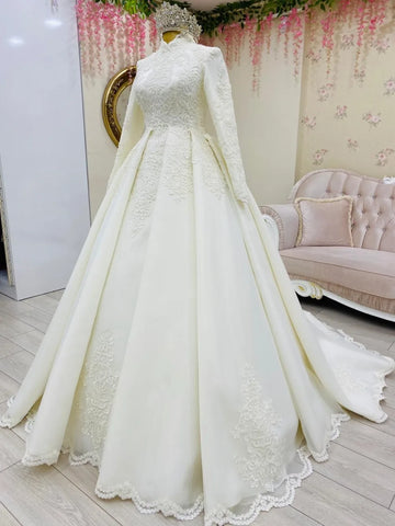 Customized  Lace Appliques Muslim Wedding Dresses 2025 Long Sleeve High Neck Tulle Satin Wedding Bridal Gowns Robe De Mariage