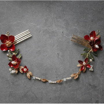 Red Flower Headpieces Headbands Leaf Headdress For Brides Party Dinner Dress Hairbands Wedding Accessories Bridal Hair Jewelry