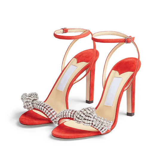 Summer New Design Women Crystal Sandals Gladiator Ankle Strap High Heels Red Bridal Wedding Shoes Black Rhinestone Zapatos Femme