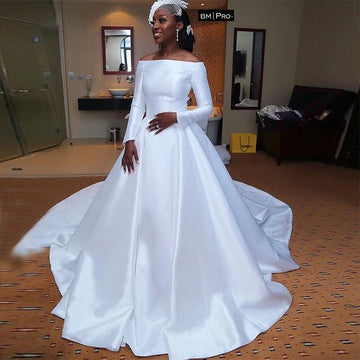 Off Shoulder African Wedding Dress Long Sleeves White Bridal Gowns Princess A-line vestidos de novia 1Wedding Gowns customized