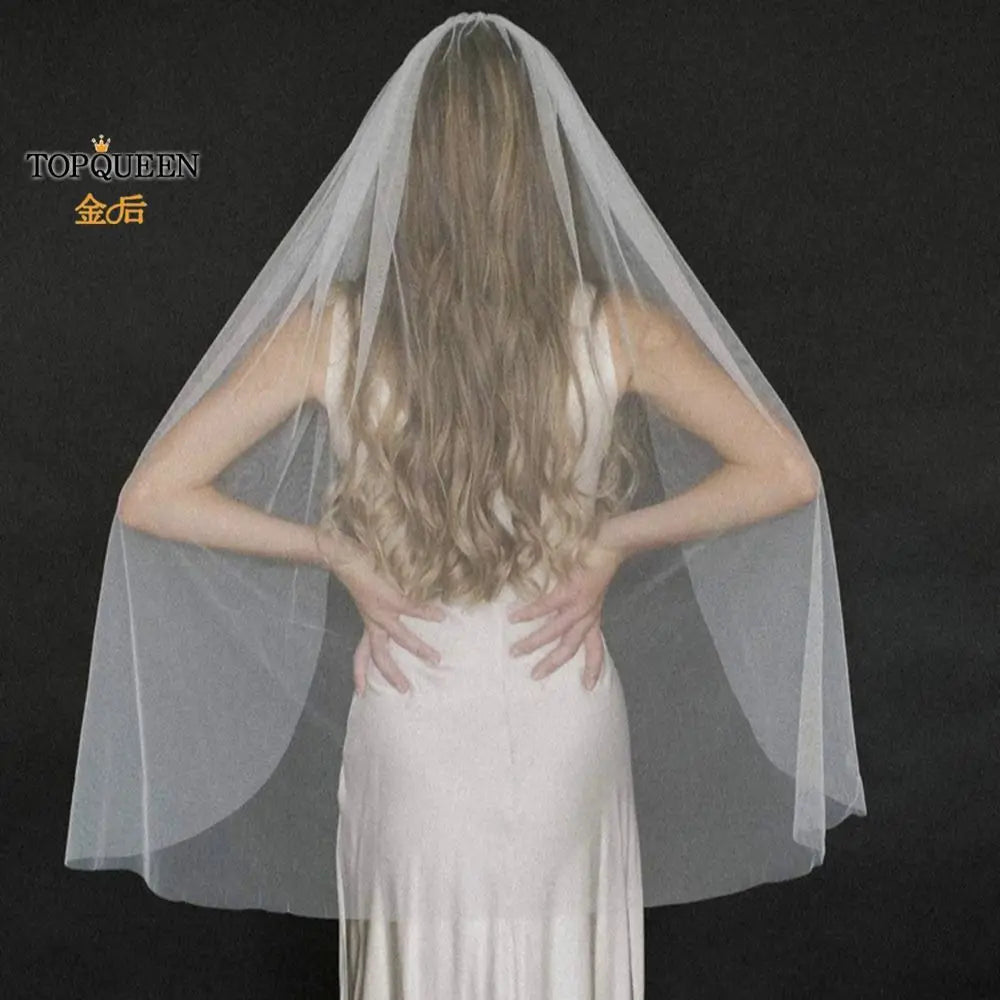 TOPQUEEN V30 1 Tier Cute Edge Bridal Wedding Veil for Bride Elegant Wedding Short with Comb Elbow Length Cathedral High Quality
