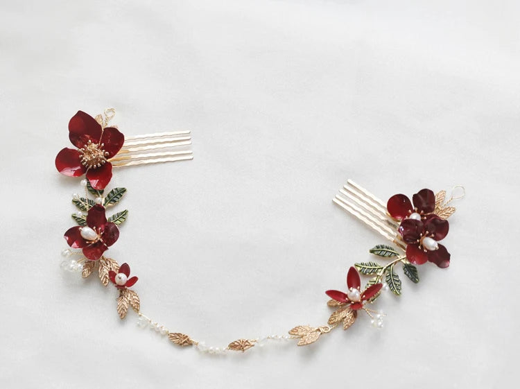 Red Flower Headpieces Headbands Leaf Headdress For Brides Party Dinner Dress Hairbands Wedding Accessories Bridal Hair Jewelry