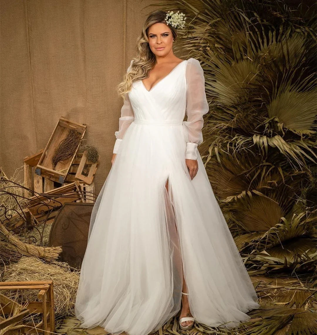 Plus Size Wedding Dress Elegant Tulle Long Sleeve Split V-neck Bridal Gowns Simple Robe De Mariage WHITE