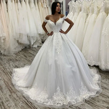 Customized Long White Ball Gown Wedding Gown 2025 Princess Sexy V Neck Vestidos De Novia Off The Shoulder Tulle Wedding Dresses