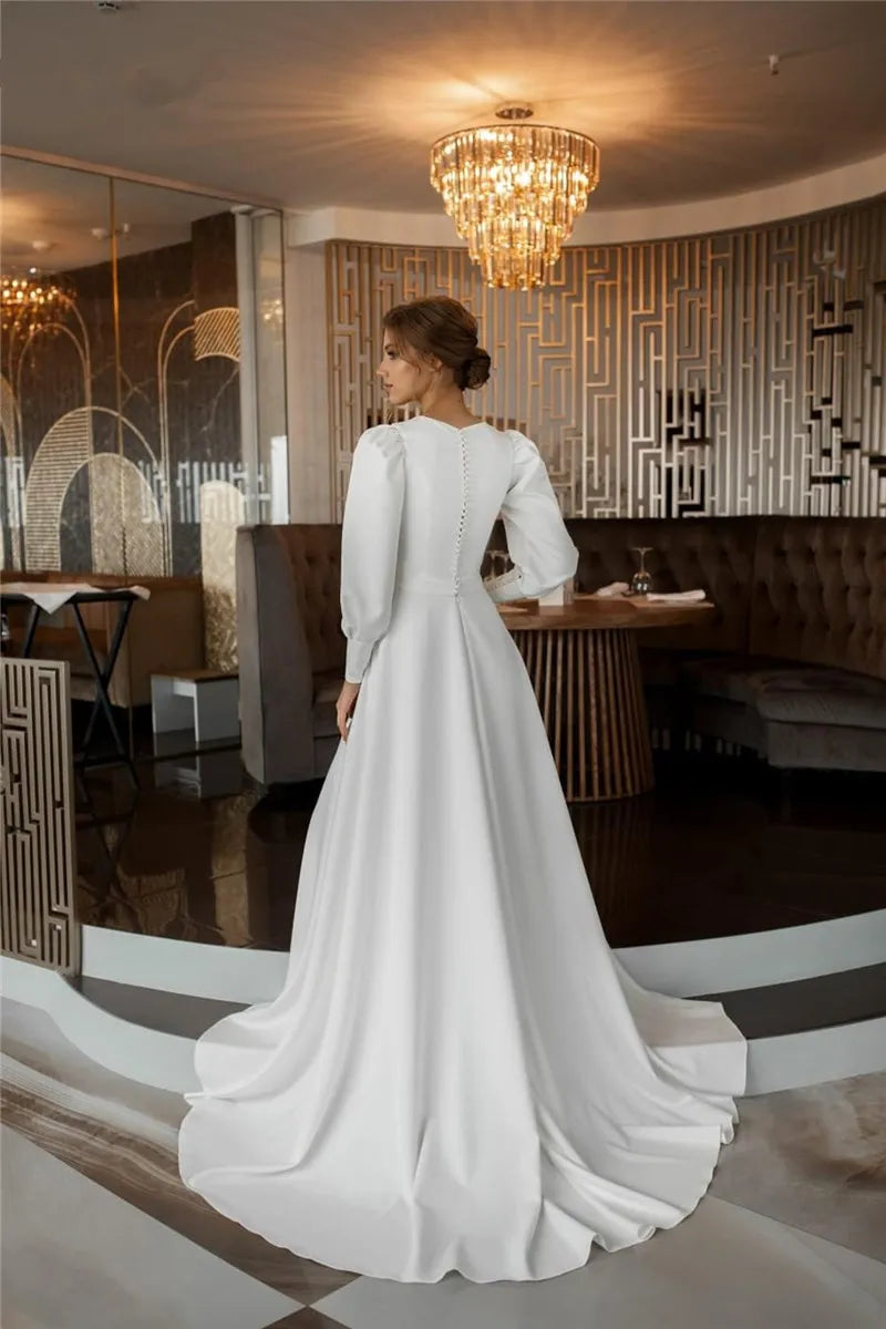 Customized Elegant Long Sleeve Wedding Dresses Satin Vestido De Noiva Muslim Bridal Gowns Dubai Back Button Robe De Mariée