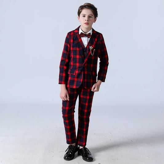 Boy's Suits Wedding Flower Suits Children's Tuxedos for Kid Formal Prom Plaid Suits 5 Pieces Set (jas+broek+Vest+shirt+stropdas)