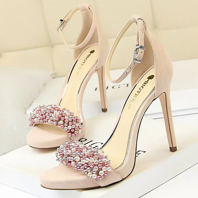 Pearl rhinestones suede women high heels sexy party sandals summer stiletto pumps – Pollyanna Events