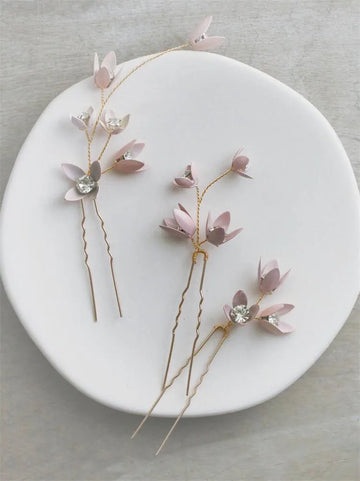 Bridal Accessories Crystal Rhinestones Headpieces Hairpins Pink Flower Hair Pins Clip For Women Brides Headdress Wedding Jewelry