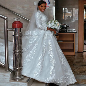 Customized Muslim Long sleeve Wedding Dress Ball Gown Tulle High Neck  Lace Appliques Africa Bridal Gown Robe De Mariage
