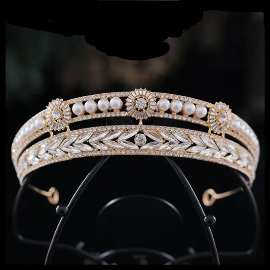Pérolas de cristal de coloração de cor de ouro barroco pérolas de noiva Tiaras Crown Rhinestone concurso Diadema Bride Bands Acessórios para cabelos de casamento