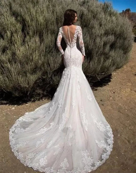 Seksi tatlım denizkızı gelinlik tam uzun kollu düğmeler arka dantel aplike gelin elbisesi vestidos de novia robe mariée