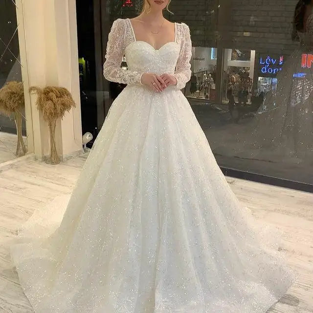 Customized Long sleeve Wedding Dress A-Line For Women Sweetheart Bridal Gowns lace Up Back Robe de Mariee Vestido de Noiva