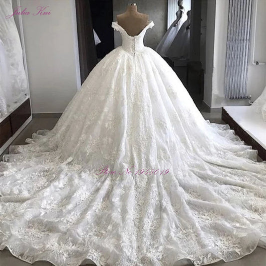 Julia Kui Luxuries فساتين زفاف رائعة على شكل كرة قبالة الكتف للأميرة مع فستان العروس
