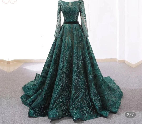 customized Dubai A-Line Green Evening Dress Muslim Women Vintage Long Sleeves Robe De Soiree Sequins Sparkle Prom Party Gowns
