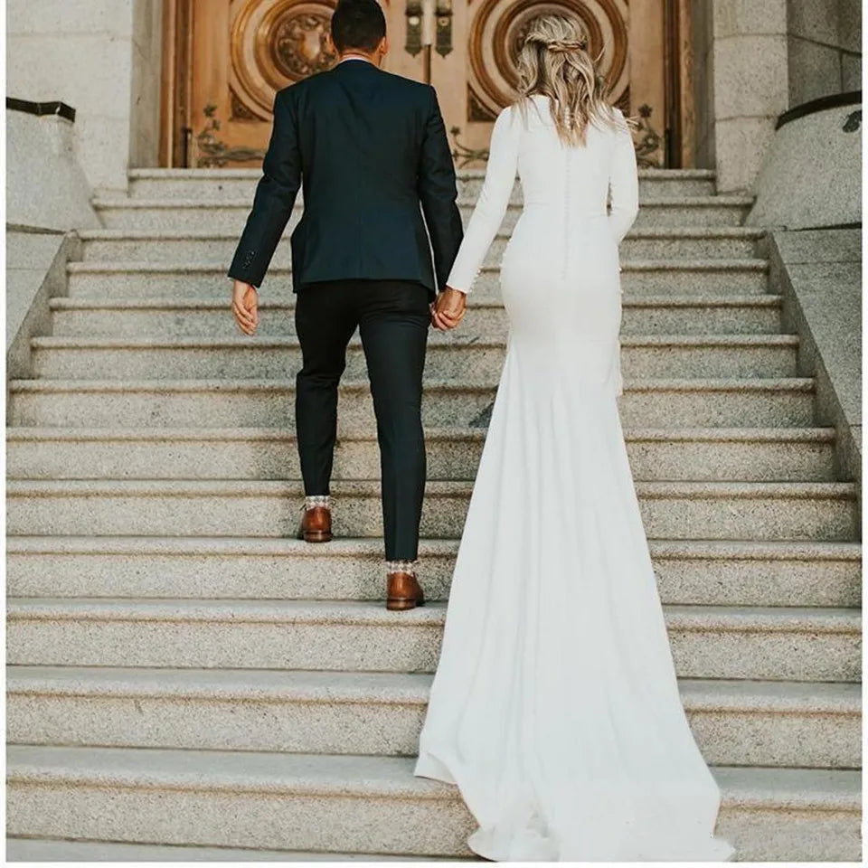 Customized Long Sleeves Muslim Arabic Wedding Dresses Woman Elegant Korea Plus Size Soft Satin Bridal Gowns Vestidos De Novia