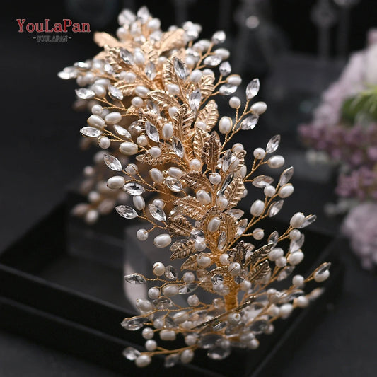 YouLapan HP322 Golden Bridal Tiara and Crown Wedding Headband Joyería para el cabello Accesorios para el cabello del cabello Día delantero de la altura de los nupciales