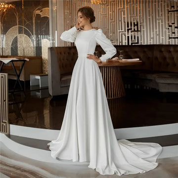 Customized Elegant Long Sleeve Wedding Dresses Satin Vestido De Noiva Muslim Bridal Gowns Dubai Back Button Robe De Mariée