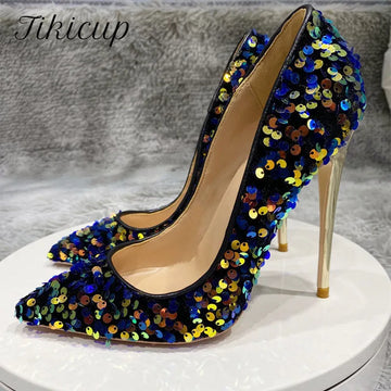 Tikicup azul bling lentejuelas mujeres sexy tacones extremadamente altos resbalones de punta puntiagudo zapatos de boda de fiesta de fiesta