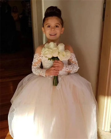Sevimli balo elbisesi bow back çiçek kız elbise düğünler için aplikeler uzun kollu prenses tül kızın tören elbise vestido