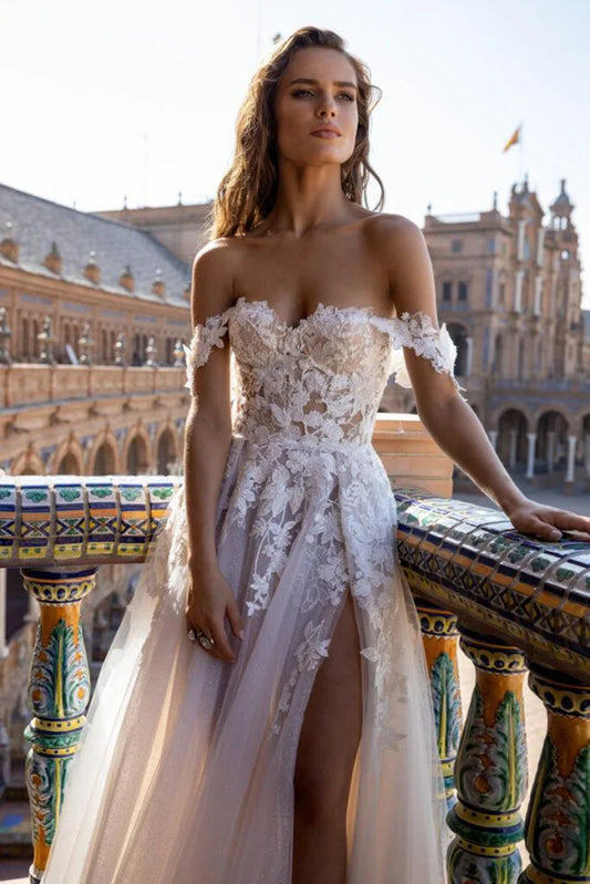 SoDigne Boho Tull Wedding Dresses Off the Shoulder Lace Appliques A Line Beach Bridal Gown Sexy High Split Wedding Gowns