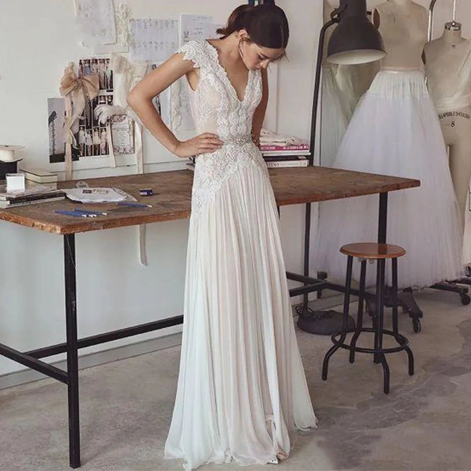 Boho Wedding Dresses 2025 Bohemian Wedding Gowns with Cap Sleeves V Neck Open Back Pleated Skirt Elegant A line Gown Customized