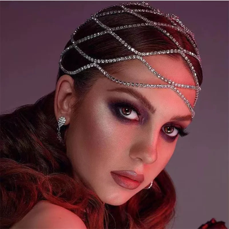 Hollow Rhinestone Mesh Headpiece Wedding Head Chain Jewelry for Women Luxury Crystal Headband Head Cap Hat Hair Accessories