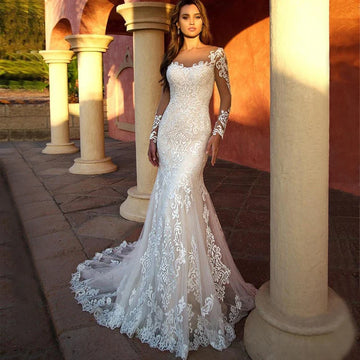 Mermaid  Wedding Dresses For Women Long Sleeve Bride Gowns Lace Vestidos De Noiva Button Sexy Simple de mariée customized