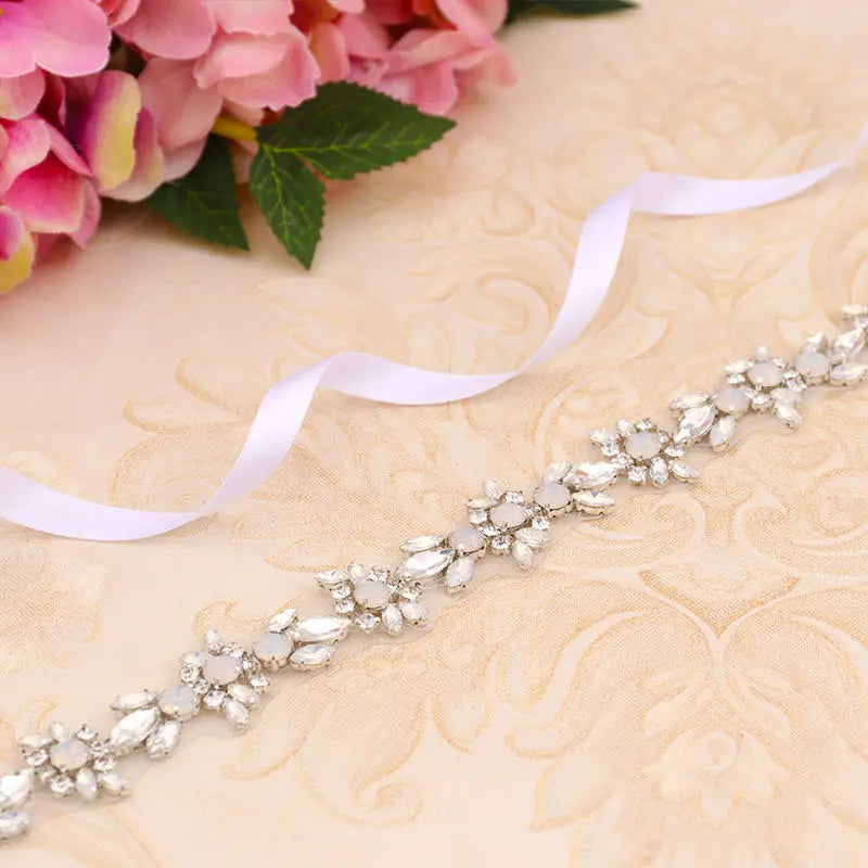 Opal Crystal Wedding Belts Sash Rose Gold Silver Color Bridal White Ivory Champagne Ribbon Party Dress Jewelry Bride Accessories