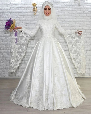 customized  Luxury Muslim A Line Wedding Dresses Long Flare Sleeves Lace Satin Bride Dresses Arabic Islamic Vestido De Noiva