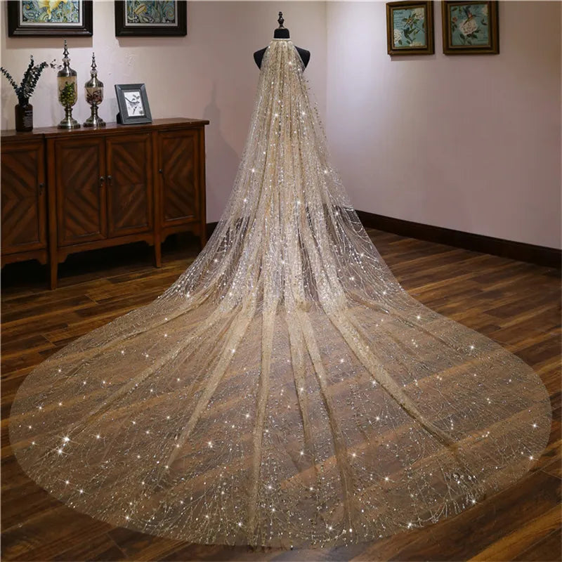 New Fashion Luxury Wedding Veils For Brides Bling Gold 3 Meters Sequins Crystal Big Bridal Veils Wedding Accessories