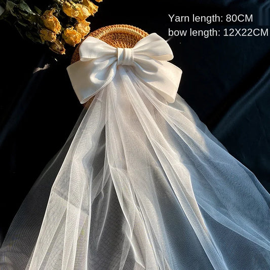 New Bow Veil Super Fairy Wedding Trip Shoot Photo White Satin Mesh Barrettes Bridal Hair Accessories