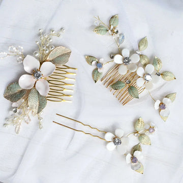Opal Crystal Hairpins Flower Leaf Headpieces Headdress Brides Women Hair Combs Pins Clips Wedding Jewelry Bridal Accessories