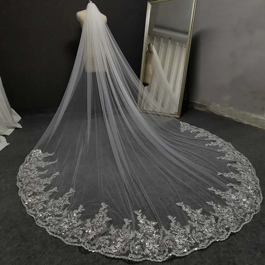 Glitter Sequins Lace Long Wedding Veil 3 Meters White Ivory Bridal Veil Wedding Headpieces Bride Veil