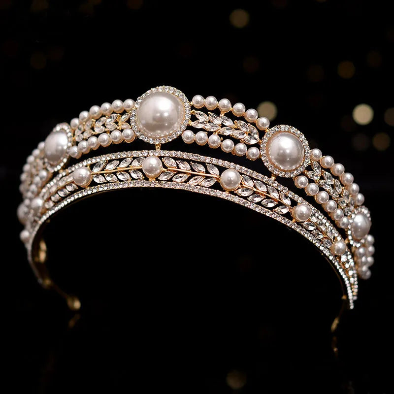 Luxury gold crystal pearl bridal tiara crown rhinestone pageant diadem headband wedding hair accessories – Pollyanna Events