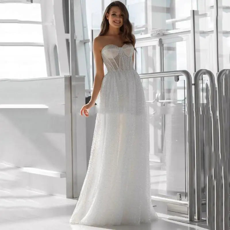 Sweetheart Wedding Dresses Glitter Tulle Shinny Strapless Bridal Dress Corset Sleeveless Elegant A-line Wedding Gowns