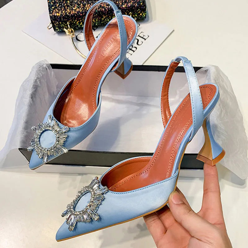 Big Size 41 42 Blue Women Pumps Silk Satin Pointy Toe Rhinestone Crystal High Heel Shoes Slip On Women Wedding Pumps Sandaal