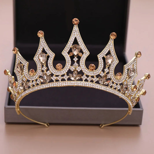 Fashion Champagne Gold Color Crowns Wedding Hair Accessories Luxury Queen Princess Tiara Diadems Women Hair Jewelry Bride Party