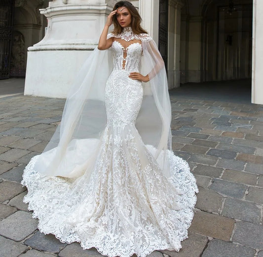 Jark Tozr New Arrive Lace Mermaid Wedding Dresses With Tulle Shawl Slim Elegant Bridal Gowns Vestido Noiva Sereia