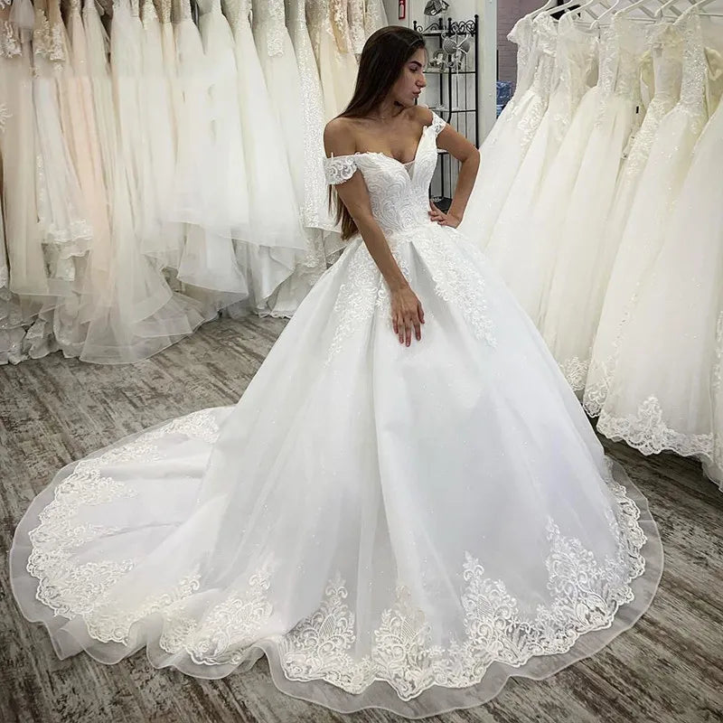Customized Long White Ball Gown Wedding Gown 2025 Princess Sexy V Neck Vestidos De Novia Off The Shoulder Tulle Wedding Dresses