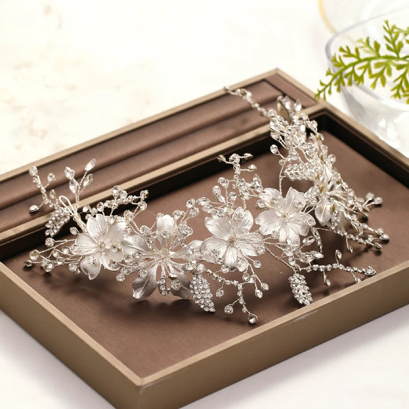 Wedding Headband Silver Color crystal Tiara Handmade Bride Headdress Flower Leaf Hair Jewelry Headband Bride Hair Accessories