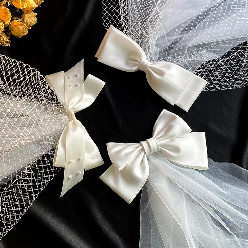 New Bow Veil Super Fairy Wedding Trip Shoot Photo White Satin Mesh Barrettes Bridal Hair Accessories