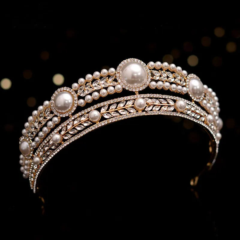Luxury gold crystal pearl bridal tiara crown rhinestone pageant diadem headband wedding hair accessories – Pollyanna Events