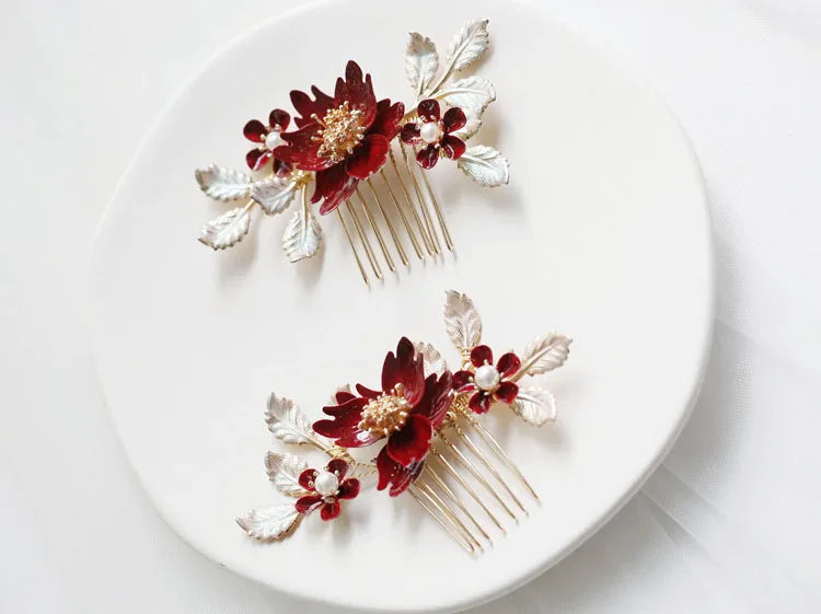 Leaf Hairpin Red Flower Hair Comb Clips Brides Bridesmaids Gold Color Head Pieces Headdress Wedding Accessories Bridal Jewelry