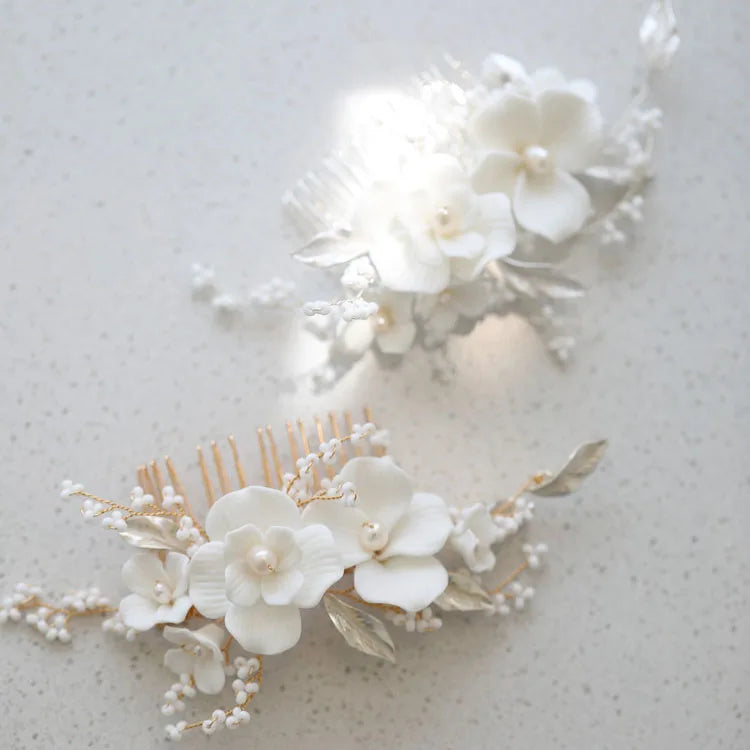 Porcelain Flower Leaf Hair Combs Clips Pearls Beaded Hairpins For Brides Women Headpieces Bridal Jewelry Wedding Accessories