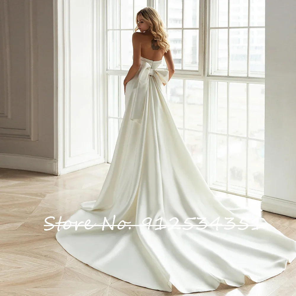 Satin Mermaid Wedding Dress with Detachable Train Strapless Simple Brautkleid Bow Back Vestido De Noiva Sereia